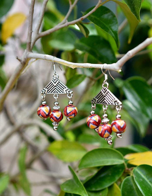 Blue Pottery Three Bead Earrings in Red & Yellow Colour